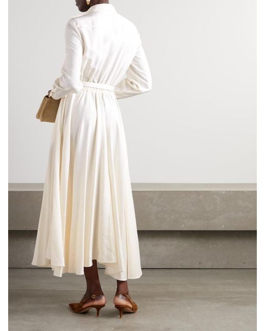 Loro Piana Natural Lela Belted Leather-Trimmed Silk-Shantung Midi Shirt Dress