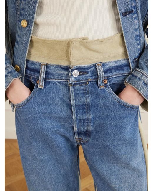 B Sides Blue Double Waistband Rework Suede-Trimmed Wide-Leg Jeans