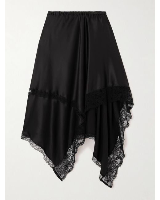 Dries Van Noten Black Asymmetric Lace-Trimmed Silk-Blend Satin Midi Skirt