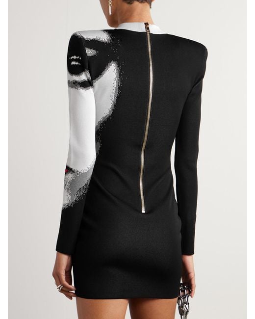 Balmain Black Printed Jacquard-Knit Mini Dress