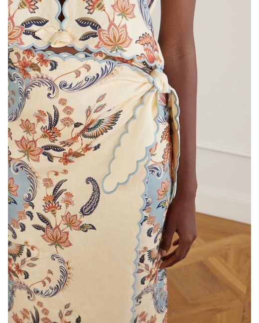 Farm Rio Natural Scalloped Printed Linen Wrap Midi Skirt