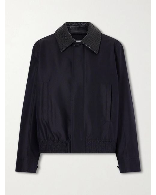 Bottega Veneta Blue Intrecciato Leather-Trimmed Canvas Jacket