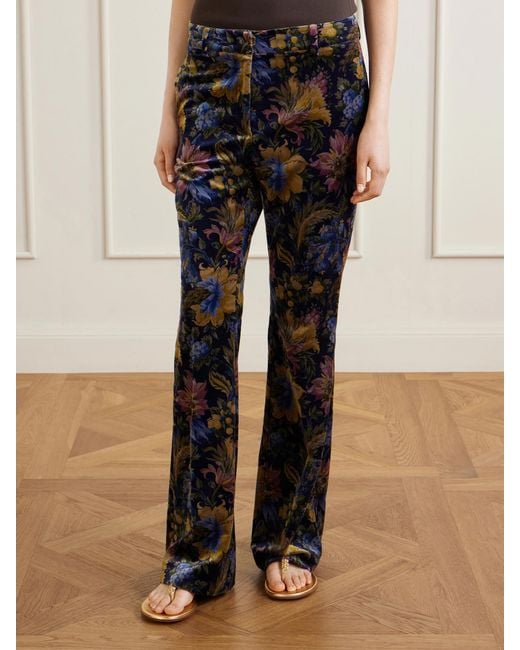 Etro Blue Printed Cotton-Blend Velvet Flared Pants