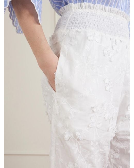 Loretta Caponi White Speranza Embroidered Fil-Coupé Cotton Straight-Leg Pants