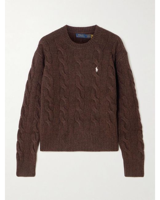 Polo Ralph Lauren Brown Embroidered Cable-Knit Wool And Cashmere-Blend Sweater