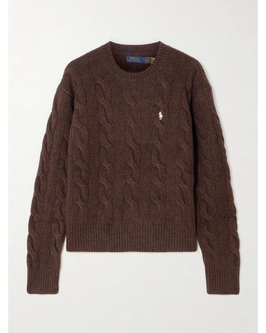 Polo Ralph Lauren Brown Embroidered Cable-Knit Wool And Cashmere-Blend Sweater