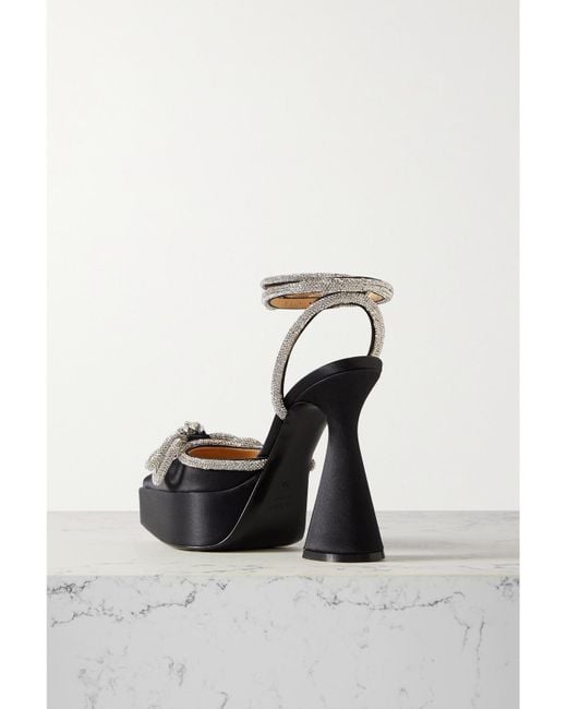 Mach & Mach Black Double Bow Crystal-embellished Satin Platform Pumps