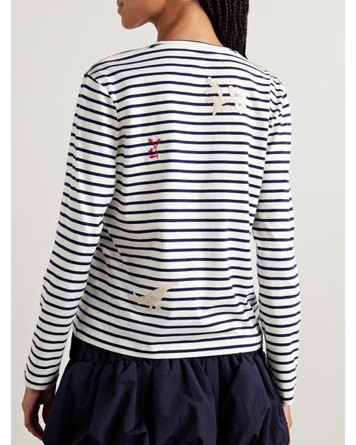 Sea Blue Athena Appliquéd Embroidered Striped Cotton-Jersey T-Shirt
