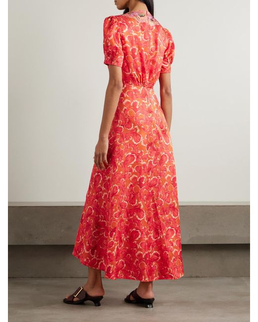 Saloni Red Lea Printed Silk-Satin Midi Dress
