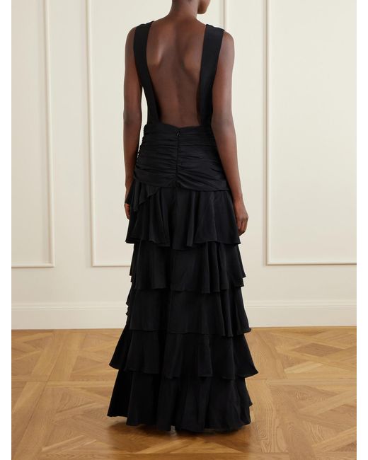 Johanna Ortiz Black A Map Of Gentle Winds Tiered Ruffled Silk-Crepe Maxi Dress