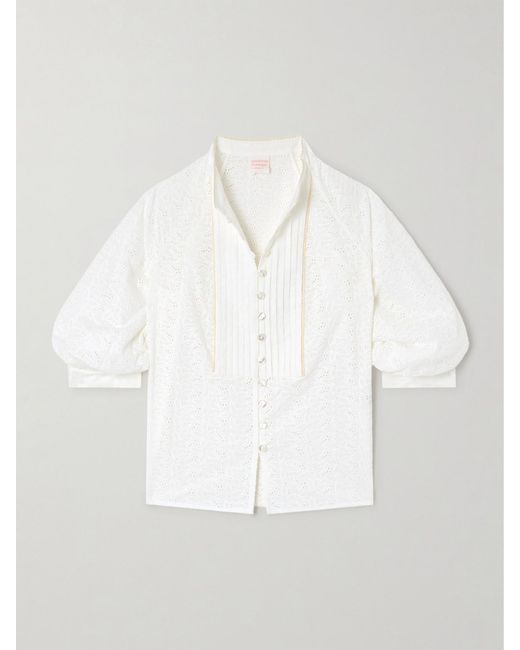 Loretta Caponi White Brunella Pintucked Broderie Anglaise Cotton Blouse