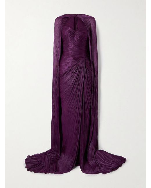 Marmar Halim Purple Cape-Effect Plissé Silk-Satin Gown
