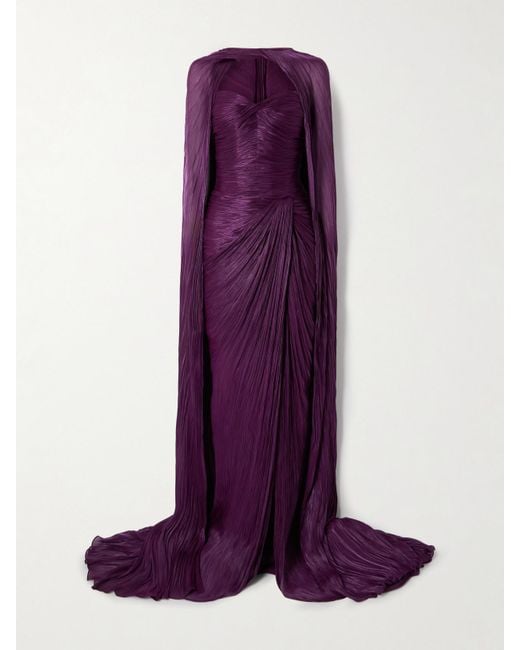 Marmar Halim Purple Cape-Effect Plissé Silk-Satin Gown