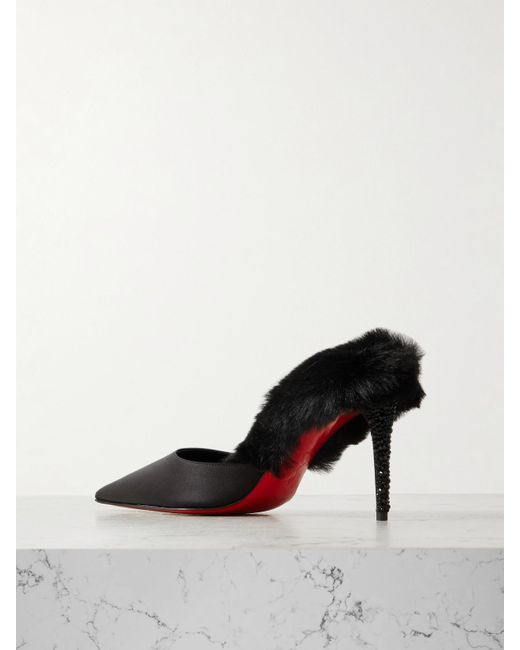 Mules En Satin À Finitions En Poils Synthétiques Christian Louboutin en coloris Black