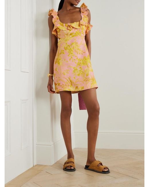 Zimmermann Yellow Golden Rückenfreies Minikleid Aus Leinen Mit Blumenprint, Rüschen Und Schleife
