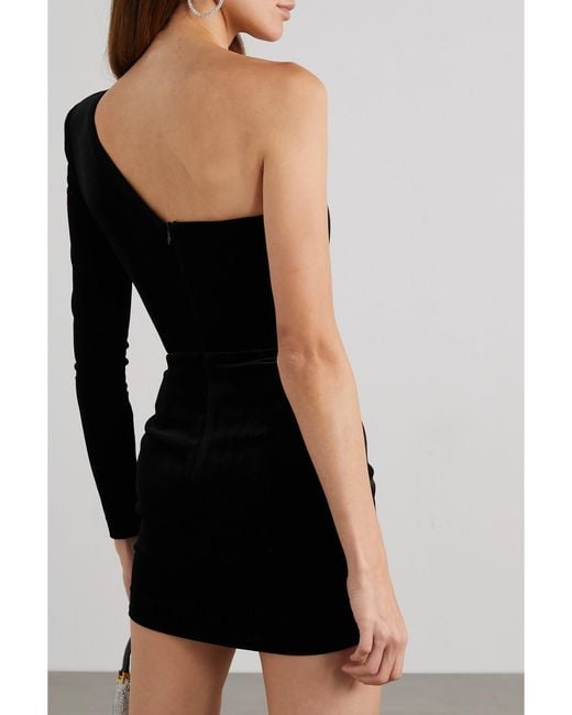 Alex Perry Black Greer One-Shoulder Knotted Cutout Velvet Mini Dress