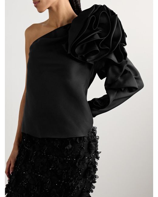 Carolina Herrera Black One-Sleeve Ruffled Silk-Gazar Top