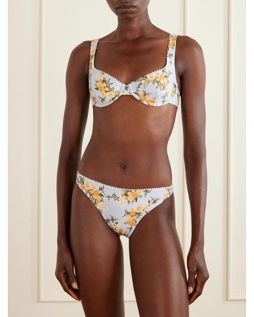 Agua Bendita Metallic Hacienda Valle Pearl-Embellished Floral-Print Bikini Top