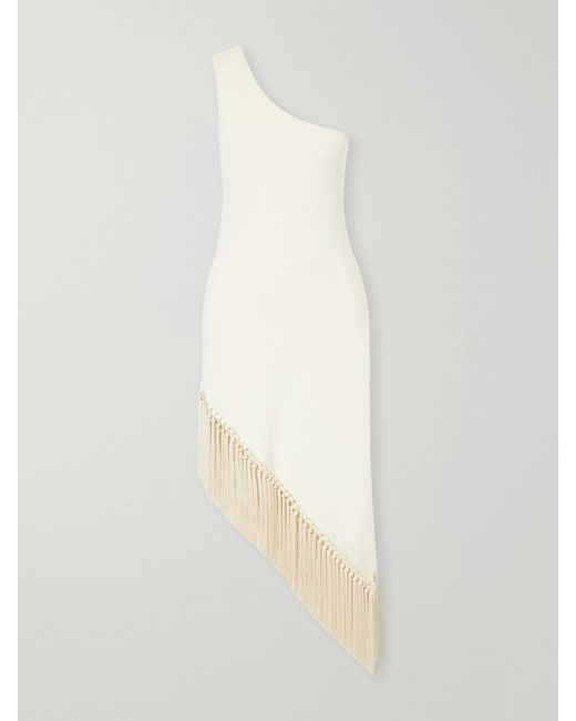 Taller Marmo White Yacare One-Shoulder Asymmetrical Fringed Jersey Midi Dress