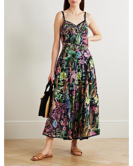 Charo Ruiz White Cael Belted Pleated Paneled Lace-Trimmed Floral-Print Cotton-Blend Voile Midi Dress