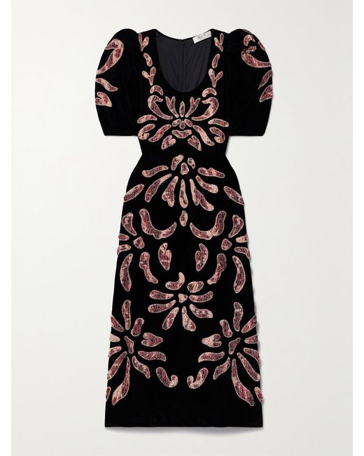 Sea Black Veda Appliquéd And Embroidered Velvet Midi Dress