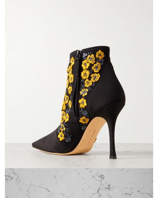 Manolo Blahnik Black Botiye 105 Embroidered Silk Crepe De Chine Ankle Boots