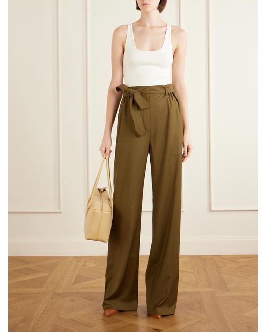 Max Mara Green Editto Belted Wool Grain De Poudre Wide-Leg Pants