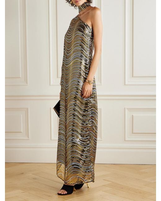 ‎Taller Marmo Metallic The Glaum One-Shoulder Scarf-Detailed Sequin-Embellished Mesh Gown
