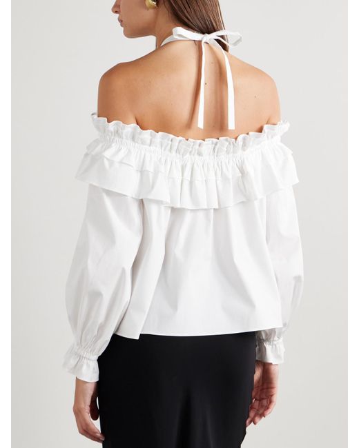 Carolina Herrera White Schulterfreie Neckholder-Bluse Aus Popeline Aus Einer Baumwollmischung Mit Rüschen Und Applikation