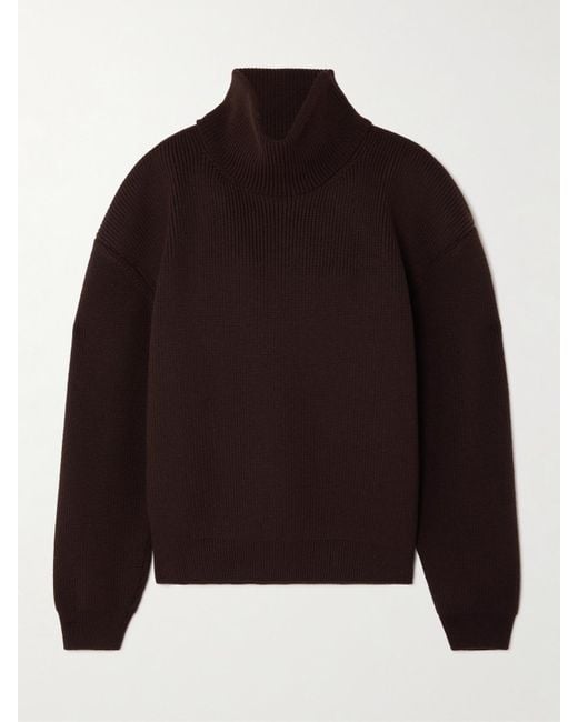 Saint Laurent Women's Brown Ribbed Wool Turtleneck Sweater