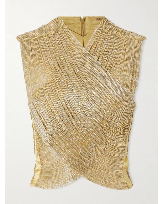 Cult Gaia Natural Haisley Cropped Satin-Trimmed Beaded Mesh Top