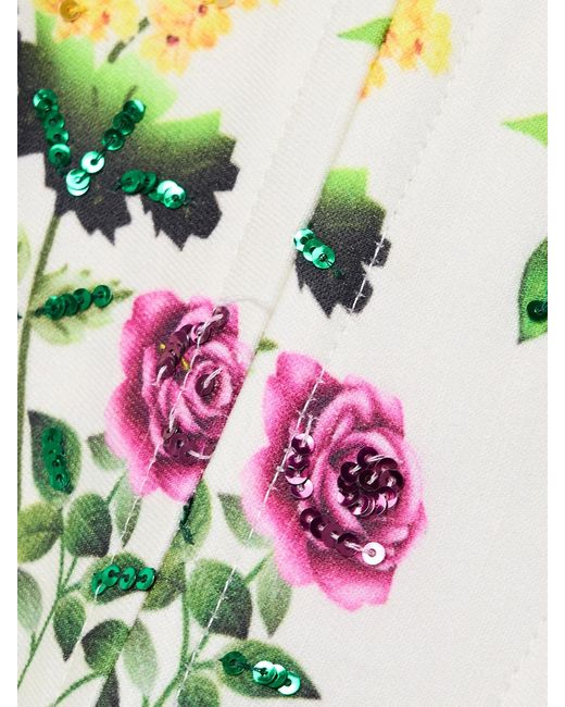 Costarellos Gray Sequin-Embellished Floral-Print Cotton And Linen-Blend Twill Bustier Top
