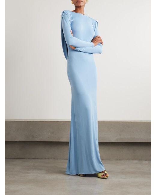 The New Arrivals Ilkyaz Ozel Blue Roisin Open-Back Draped Stretch-Jersey Gown