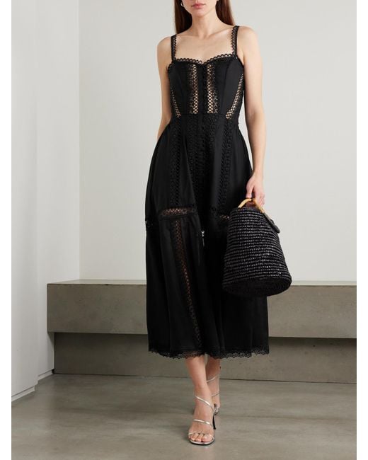 Charo Ruiz Black Dafelle Scalloped Guipure Lace-Trimmed Cotton-Blend Voile Midi Dress