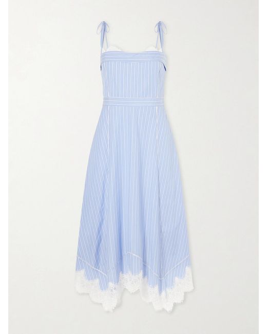 Jonathan Simkhai Blue Avaleigh Lace-Trimmed Striped Cotton-Poplin Midi Dress
