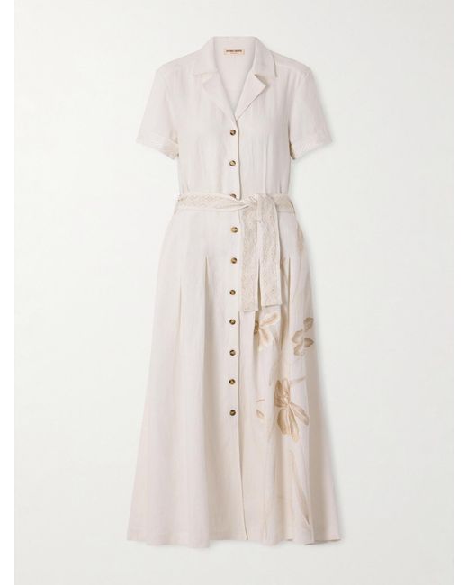 Emporio Sirenuse Natural Daria Embroidered Linen-Blend Midi Dress