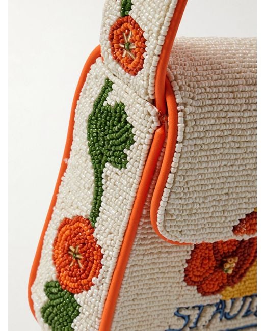 Staud White Tommy Vegan-Trimmed Bead-Embellished Embroidered Satin Shoulder Bag
