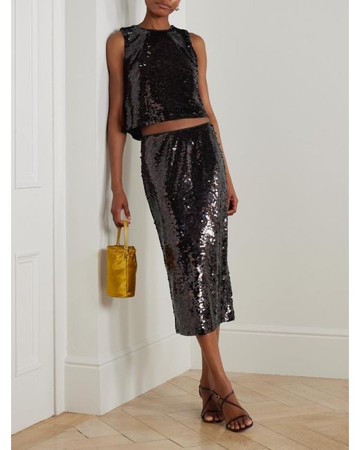Staud Black Ciara Sequined Mesh Midi Skirt