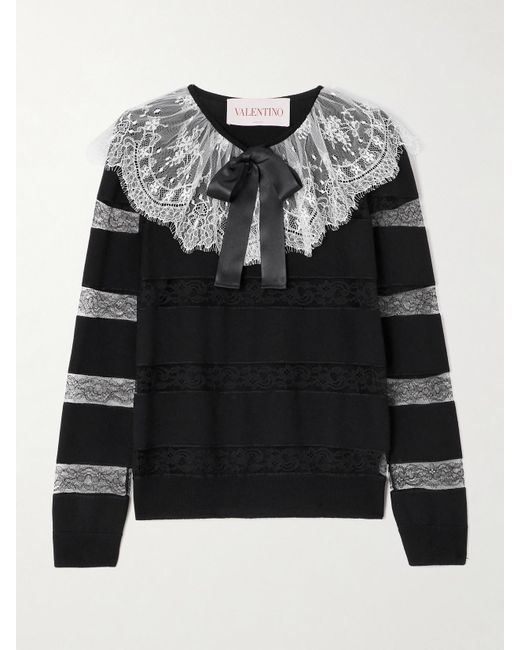 Valentino Garavani Black Bow-Embellished Striped Lace-Trimmed Wool Sweater