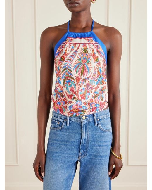 Etro Blue Cropped Printed Silk-Satin Halterneck Top