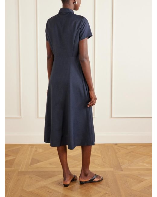 Theory Blue Belted Pleated Satin Midi Dress
