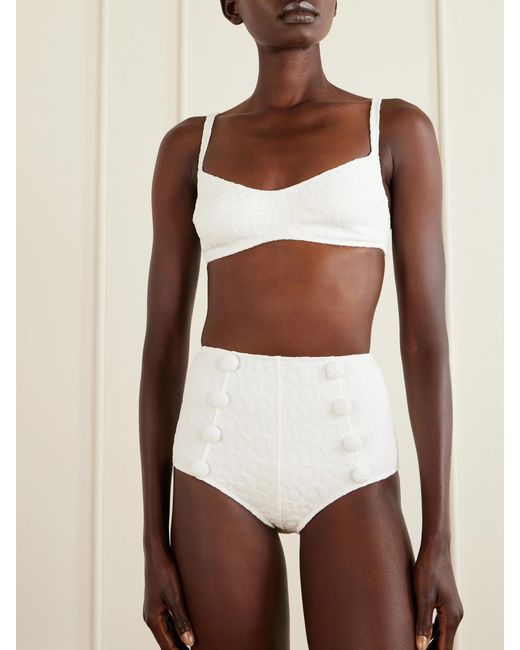 Lisa Marie Fernandez White Balconette Button-Embellished Floral-Jacquard Bikini