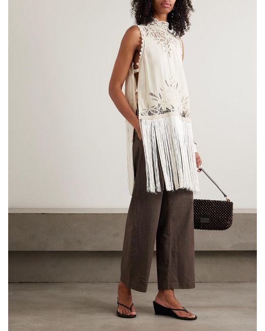 Sea Natural Adelina Tie-Side Fringed Lace-Paneled Woven Top