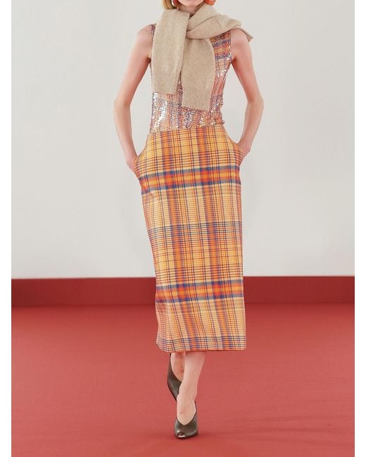 Brandon Maxwell Orange Piper Checked Sequined Mesh Turtleneck Top