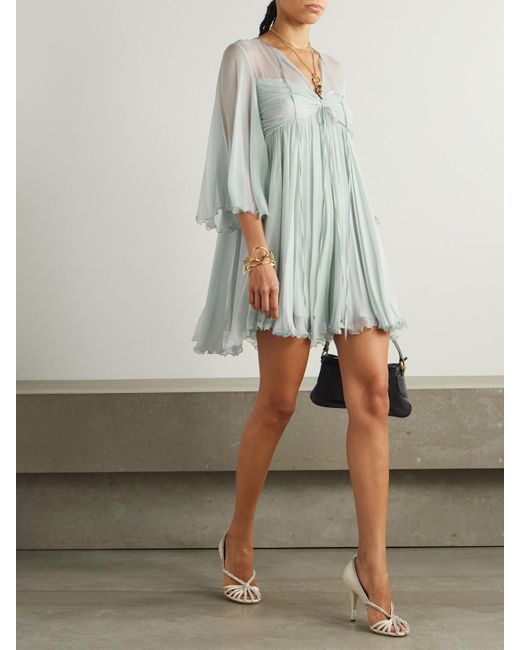 Chlo Tie-Detailed Pliss-Silk Mousseline Mini Dress in Blue | Lyst UK