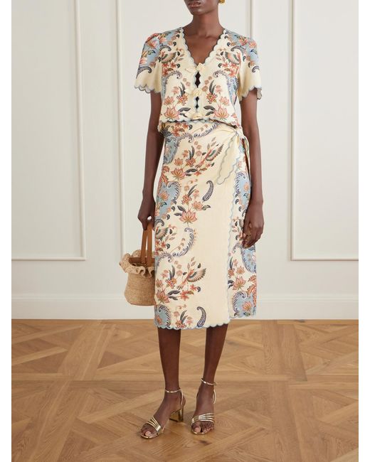 Farm Rio Natural Scalloped Printed Linen Wrap Midi Skirt