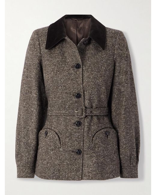Blazé Milano Brown Sarissa Belted Velvet-Trimmed Tweed Jacket