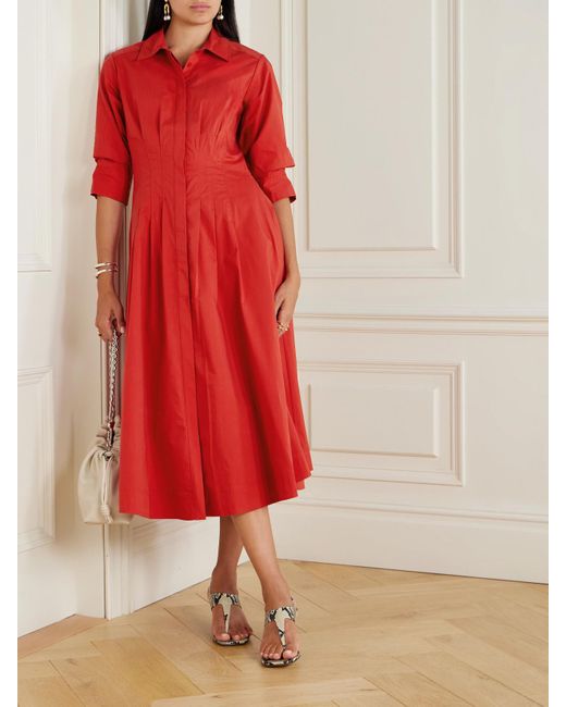 Jonathan Simkhai Red Jazz Pleated Cotton-Blend Poplin Midi Shirt Dress