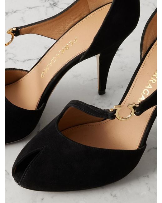 Ferragamo Black Molly Embellished Suede Pumps