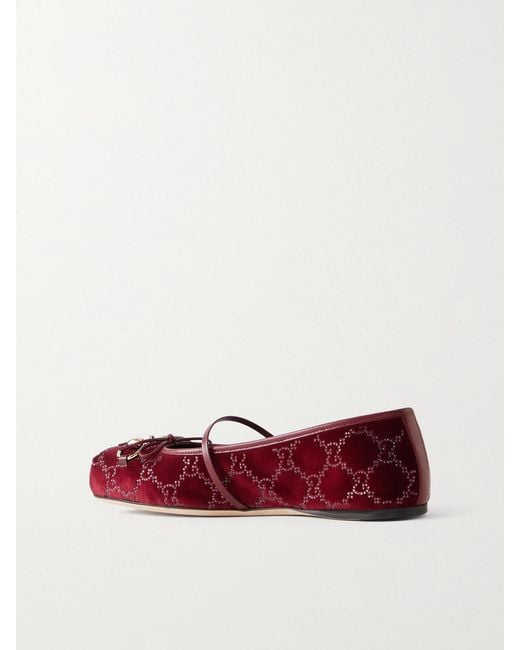 Gucci Red Horsebit Ballerina Leather-Trimmed Crystal-Embellished Velvet Flats
